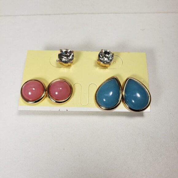 Set of 3 Gold tone Pink, Blue & Crystal Stud Earrings - Women's Fashion Jewelry - Picture 6 of 9
